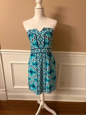 100% Silk Annie Griffin Strapless Turquoise & Aqua Geometric Dress
